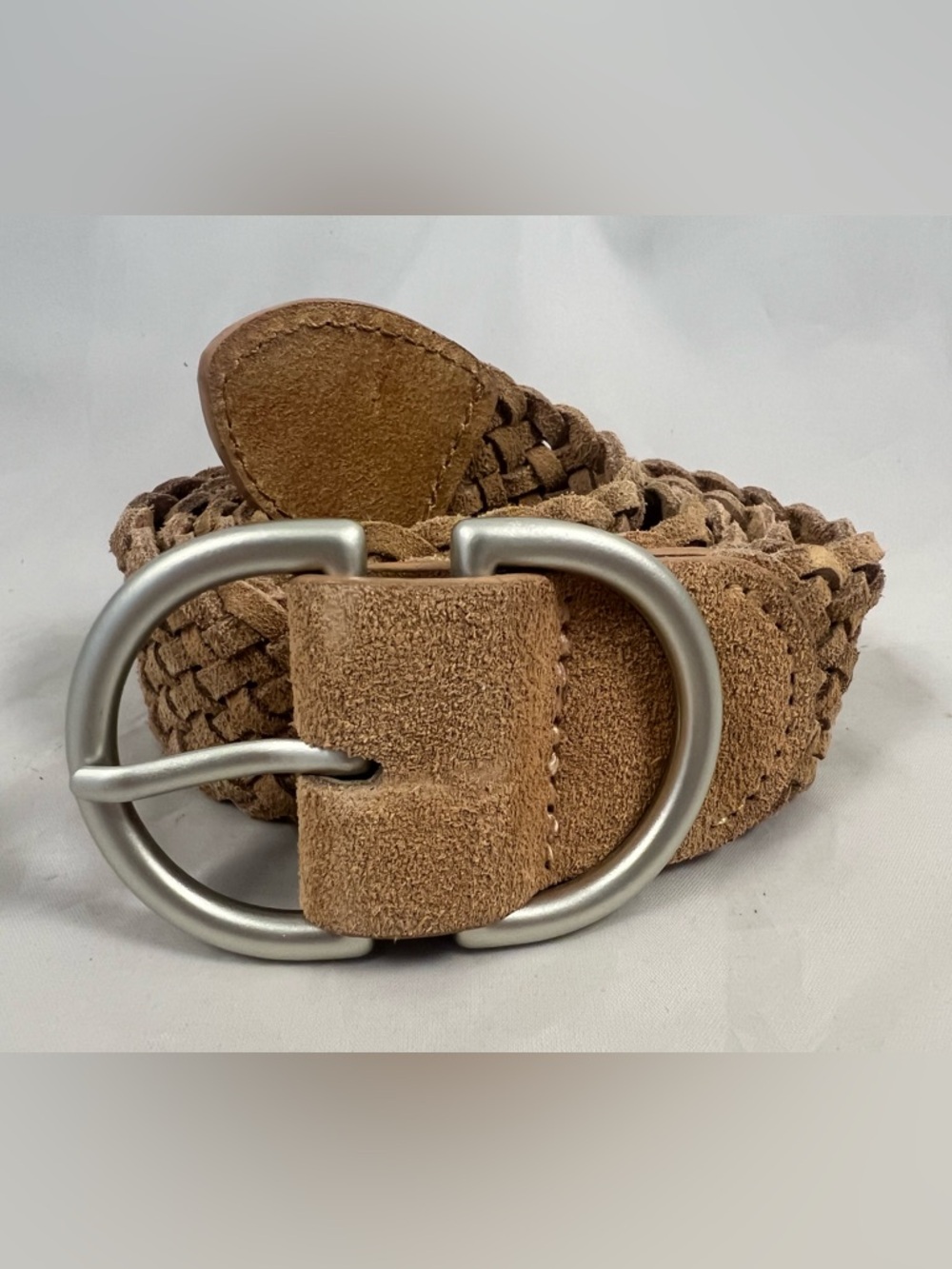 Women’s Genuine Leather Tan Woven Braided Silver Toned Buckle Belt Size S/M